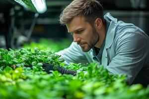 a scientist in a lab coat conducting quality checks on plants in a hydroponic facility photo