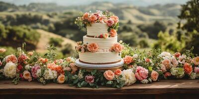 a wedding cake displayed on a rustic wooden table, surrounded by fresh flowers and greenery photo