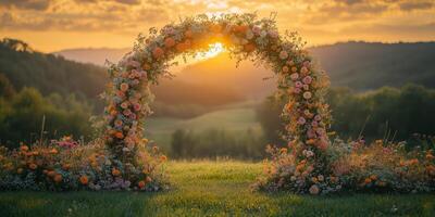 a floral arch in a picturesque meadow, surrounded by wildflowers, with a scenic mountain range in the background photo