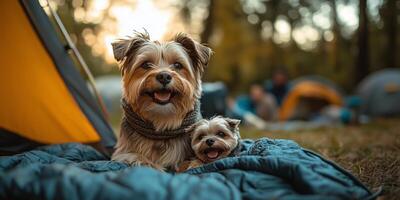 A family enjoys camping together, with a dog sitting on the lap photo