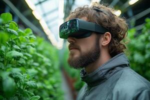 a farmer wearing augmented reality glasses, analyzing crop data photo