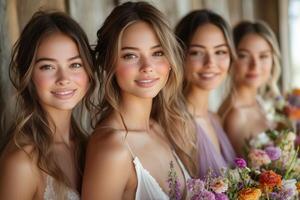 a group of bridesmaids in mismatched boho dresses photo