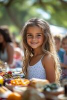 a multicultural family picnic in a sunny park, with a variety of foods and games being shared, children playing and adults chatting photo