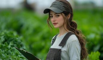 a woman standing confidently in the middle of a vegetable farm, holding a clipboard and giving instructions to workers, surrounded by lush greenery and farm tools photo