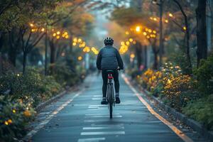 a cyclist riding along a bike lane with solar powered lighting and greenery on both sides photo
