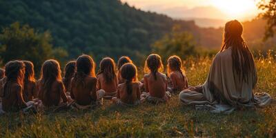 a storyteller performing a Celtic myth during Lughnasadh, children and adults gathered in a grassy meadow photo
