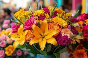 intricate floral designs displayed during Feria de las Flores, vivid colors of roses, lilies, and daisies photo
