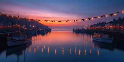 a Cornish harbor at sunrise, decorated for Golowan with flags and lights photo
