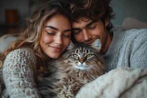 A couple laughs together in bed, sharing a joyful moment with their pet cat photo