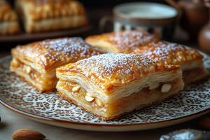 Moroccan bastilla, a golden crispy pie filled with spiced pigeon meat, almonds, and sugar, sprinkled with powdered sugar and cinnamon, served on a patterned ceramic plate photo