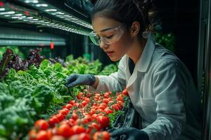 an automated vertical farm with LED lit rows of vegetables, a worker in a lab coat inspecting the crops, futuristic indoor setting photo