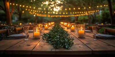 a rustic outdoor wedding reception, wooden tables decorated with greenery and candles, set under string lights in a lush garden photo