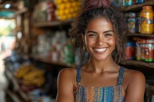 a female shop owner standing proudly in front of her small rural store, shelves stocked with colorful local products photo