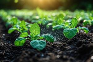 a smart IoT irrigation system in action, with water being delivered precisely to each crop, rows of plants under bright sunlight with sensors clearly visible photo