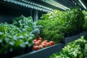 a futuristic vertical farm with automated systems growing vegetables in stacked layers, vibrant lighting emphasizing the greens and clean design photo