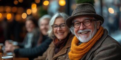 a stylish senior group in trendy casual wear, laughing together at a cafe photo