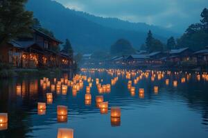 an illuminated river with floating lanterns during Obon, reflecting warm lights on the water, surrounded by a peaceful forested landscape photo