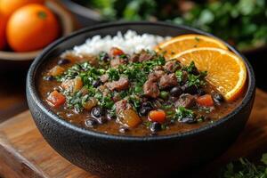 Brazilian feijoada, a hearty black bean stew with pork, served with white rice photo