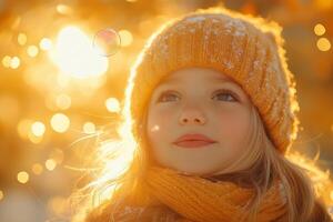 a child joyfully blowing soap bubbles in the backyard, golden sunlight illuminating the bubbles, soft focus on the background photo