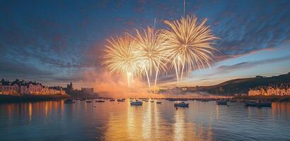 a lively Golowan firework display over a coastal town, reflections shimmering on the water, with an open sky on the right side for copy placement photo