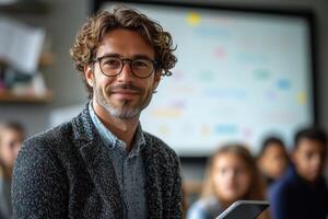 a young teacher using a tablet to explain a concept to students in a bright classroom, interactive whiteboard in the background, natural daylight photo