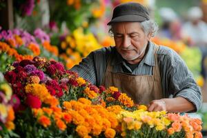 a flower vendor arranging a colorful bouquet at a market stall during Feria de las Flores, with bustling activity and vivid floral displays in the background photo