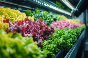 a futuristic vertical hydroponic farm with multicolored lettuces, bright LED grow lights highlighting the vibrant greens photo