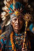 a ceremonial priest during Inti Raymi, holding a sun-shaped golden scepter, standing on an altar with elaborate decorations, surrounded by performers in authentic Inca attire photo