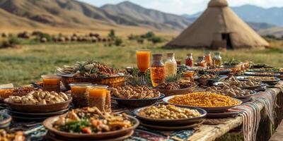 a Naadam feast table set outdoors, showcasing traditional Mongolian dishes and drinks, festive decorations in the background, clear area on the right side for marketing use photo
