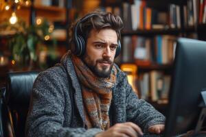 a modern tutor hosting an online class, wearing headphones and speaking into a microphone, stylish home office with books and plants in the background photo