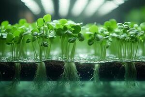a close up of hydroponic roots growing in clear water, vibrant green plants above, futuristic greenhouse setting photo
