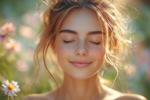 A woman with a close eye smile, feeling the warmth of the sun as it blooms around her photo