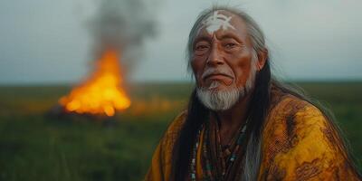 a traditional Yakut shaman performing a ritual at Ysyakh, dressed in ceremonial attire photo