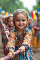 a group of children in traditional Tatar outfits, colorful festival flags and a rural landscape in the background, bright sunlight creating a cheerful mood photo