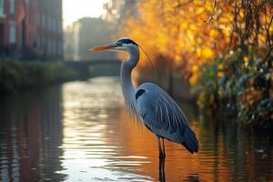 an environmental problem, a heron fishing in a dirty city canal, with reflections of nearby modern architecture in the water photo