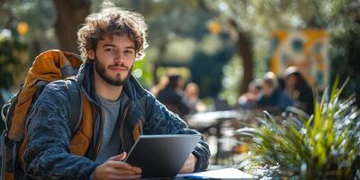 a student studying with a tablet in a public park coworking space, surrounded by trees and community art installations photo