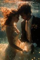 an underwater wedding shoot with the couple posing creatively, holding hands and spinning as the brides dress swirls around them photo