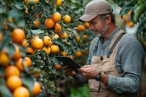 IoT sensors attached to fruit trees in an orchard, capturing humidity and growth data, farmer inspecting the trees with a digital tablet, sunny and vibrant outdoor setting photo