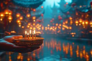 hands holding a lit incense stick during Obon, with blurred lanterns and a darkening sky in the background photo