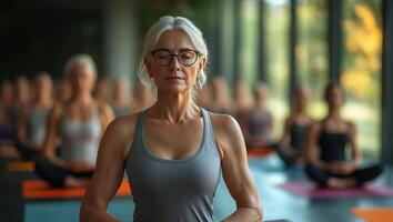 a yoga class for elderly people, participants in relaxed poses on colorful mats, in a bright studio with large windows and natural light photo
