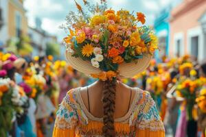 a parade participant at Feria de las Flores, carrying an elaborate flower arrangement on their back photo