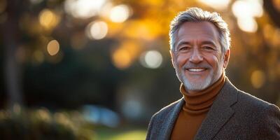 a senior man in a tailored blazer and turtleneck, smiling confidently outdoors, lush park background photo
