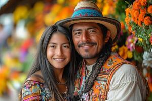 a family enjoying Feria de las Flores, dressed in traditional Colombian attire photo
