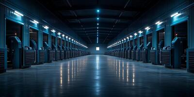 a fully automated cow barn with robotic feeding and cleaning systems working simultaneously, blank right side for text, evenly lit with modern industrial lighting photo