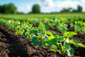 a close up of IoT soil sensors placed in a crop field, with visible plants and a blurred horizon photo