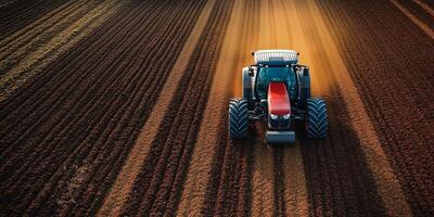 a smart tractor equipped with sensors and GPS technology, planting seeds in straight rows, blank space on the right for copy, bright sunny day photo
