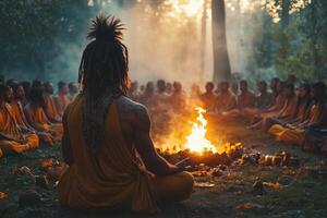 a shaman conducting a fire ceremony in a remote forest, surrounded by ceremonial objects and chanting participants, soft evening light with a mystical atmosphere photo