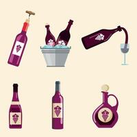 Collection of illustrations of deep purple wine bottles in various shapes and sizes in a flat design style. vector