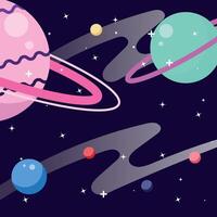 Galaxy illustration with several ringed planets in a unique flat design style background vector