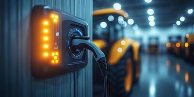 an electric tractor connected to a charging station in a barn, clean modern machinery in focus, blank right side for text photo